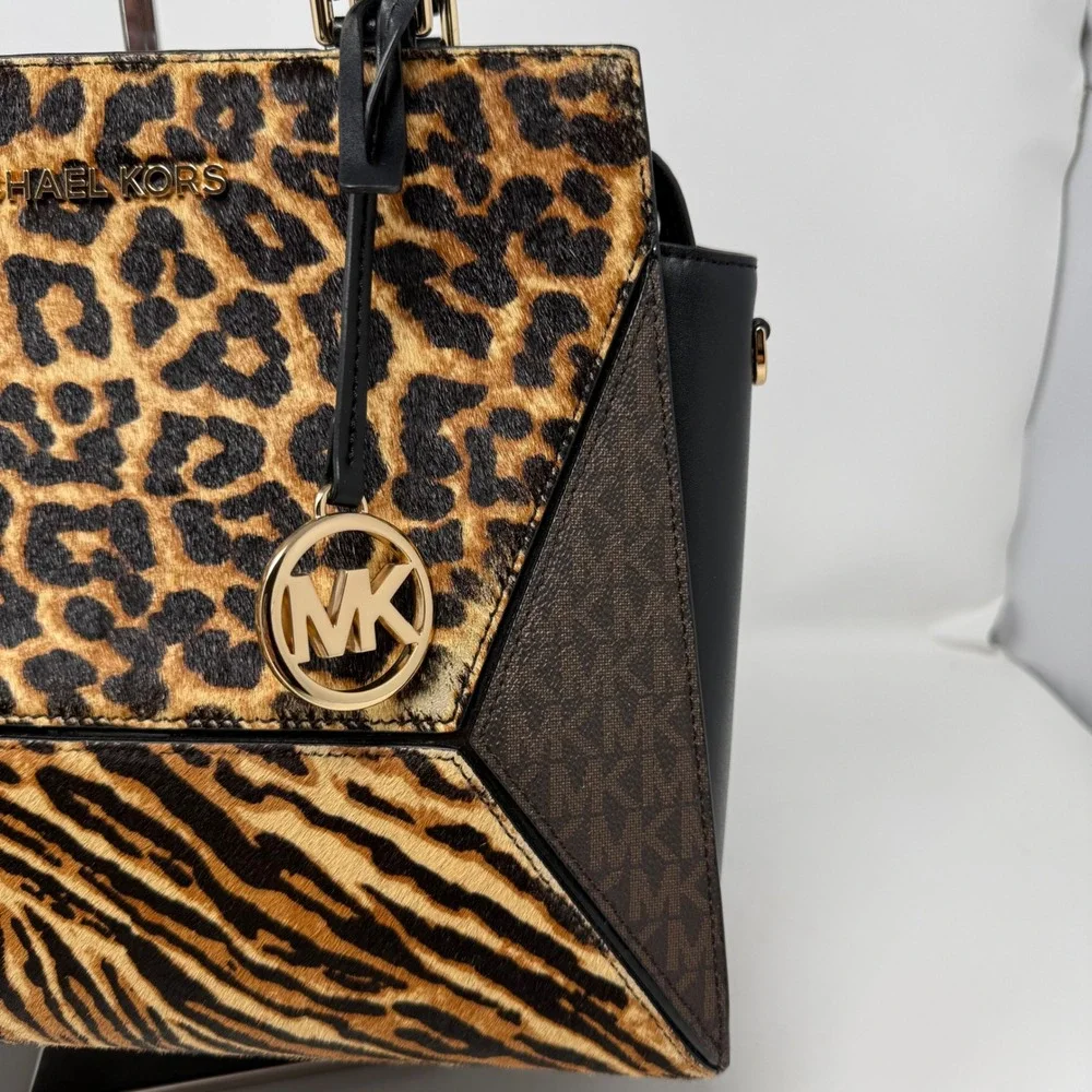 Michael Kors Hope Satchel Bag Brown Leopard Tiger Haircalf Leather Mob Wife